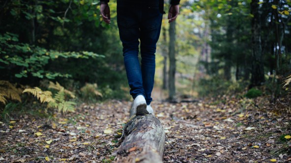 Mann balanciert im Wald über einen Baumstamm