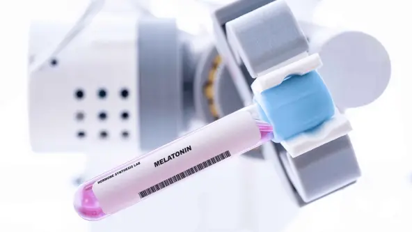 Reagenzglas in einem Labor mit der Aufschrift Melatonin