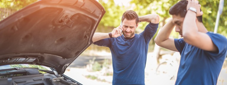 Männer betrachten besorgt Marderschäden am Auto
