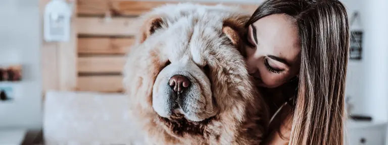 Frau umarmt einen Hund mit dichtem Fell